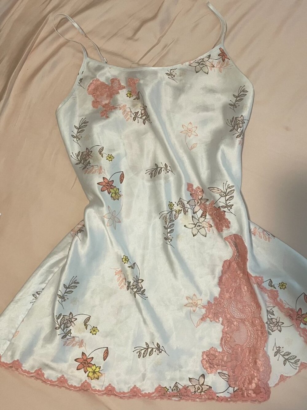 Victoria's Secret White Satin Slip with Pink Lace Floral Appliqué